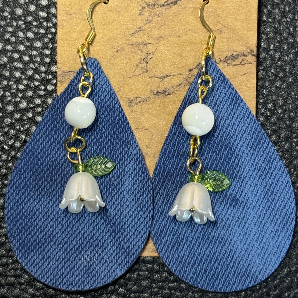Blue Denim and White Botanical Drop Earrings